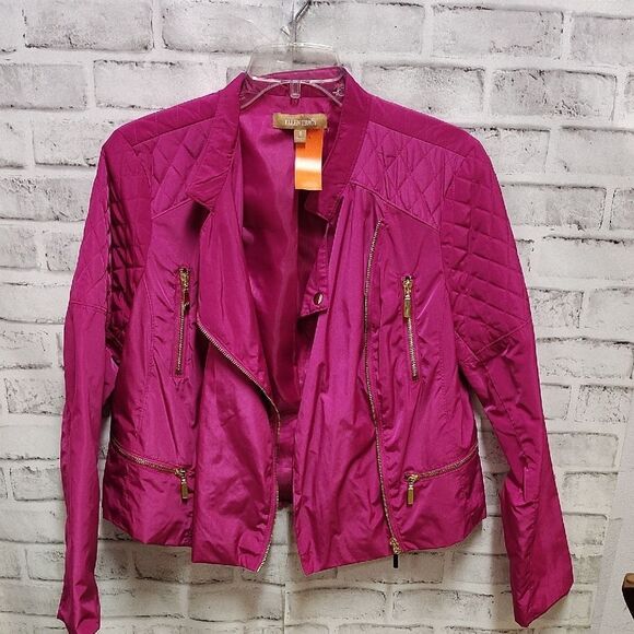 Ellen Tracy Pink Bomber Jacket with Asymmetrical Zipper and Decorative Stitching - Picture 1 of 3